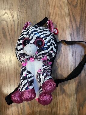 Ty Sequin Zebra Plush Backpack in Black, White & Pink